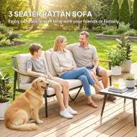 Outsunny 3 Seater Outdoor Patio Sofa, Outdoor Couch with Wood-Effect Armrests, Wicker Backrest, Cushions for Garden Yard, Khaki(m-4)