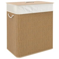 HOMCOM Double Laundry Basket with Lid, 26.4 Gallon Bamboo Laundry Hamper with Rope Handles and Removable Liner, Brown(m-1)
