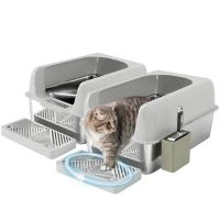 2 Pack High Sided Stainless Steel Litter Box with Metal Scoop & Scoop Holder, for Anti-Urine Leakage, Light Gray(m-11)