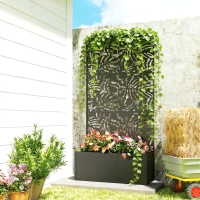 Outsunny Metal Planter Box with Trellis, 71" Tall Raised Garden Bed with Privacy Screen and Drainage Holes, Banana-Leaf Cut-Outs(m-2)