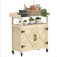Outsunny Outdoor Wooden Potting Bench with Storage Cabinet, Aluminum Tabletop, Rubber Wheels for Backyard, Patio, Natural Wood(m-11)