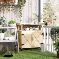 Outsunny Outdoor Wooden Potting Bench with Storage Cabinet, Aluminum Tabletop, Rubber Wheels for Backyard, Patio, Natural Wood(m-10)