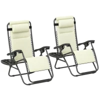 Outsunny Zero Gravity Lounge Chair Set, 2 Pieces Reclining Folding Outdoor Lounge Chairs with Headrest Side Tray, Cream(m-11)