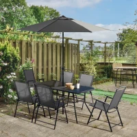 Outsunny 8 Piece Patio Dining Set with Table Umbrella, 6 Folding Chairs and Rectangle Dining Table, Outdoor Patio Furniture Set, Black(m-10)