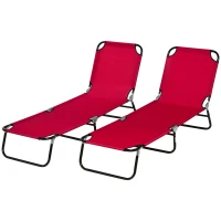 Outsunny 2 Piece Folding Chaise Lounge Pool Chairs, Outdoor Sun Tanning Chairs with 5-Level Reclining Back, Steel Frame, Red(m-11)