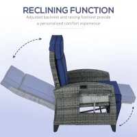 Outsunny Outdoor Recliner Chair with Cushions, Reclining Patio Lounge Chair with Adjustable Footrest, Armrests, Tray Table, Blue(m-4)