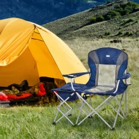 Outsunny Folding Camping Chair with Portable Insulation Table Bag, Two Cup Holders for Beach, Ice Fishing and Picnic, Navy Blue(m-9)