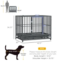 PawHut 43" Heavy Duty Dog Crate Metal Cage Kennel with Lockable Wheels, Double Door and Removable Tray, Gray(m-3)