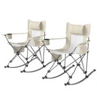 Outsunny Folding Rocking Camping Chairs, Portable Chairs with Headrest, Cooler Bag, Cup Holder, Carry Bag, 2 Pack, Cream(m-1)
