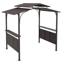 Outsunny 8'x5' BBQ Grill Gazebo, Outdoor Double Tiered Interlaced Polycarbonate Roof with Steel Frame, 2 Side Shelves, Brown(m-11)
