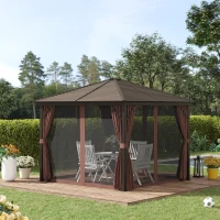 Outsunny 10' x 10' Hardtop Gazebo with Curtains and Netting, Permanent Pavilion Metal Single Roof Gazebo Canopy with Aluminum Frame and Hooks, for Garden, Patio, Backyard, Dark Brown(m-10)