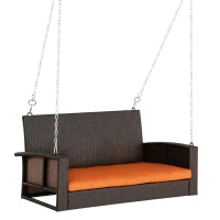 Outsunny 2 Person Wicker Hanging Swing Bench, Front Porch Swing Outdoor Chair with Cushions 550 lbs. Weight Capacity for Backyard, Garden, Orange(m-1)