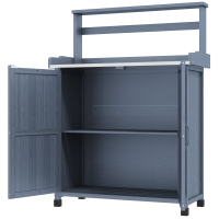 Outsunny Outdoor Wooden Potting Bench with Storage Cabinet, Shelves, Galvanized Plated Tabletop for Backyard, Balcony, Gray
