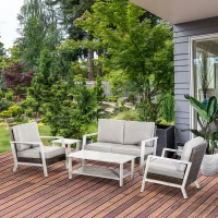 Outsunny Aluminum Patio Furniture Set, 5 Piece Modern Outdoor Conversation Set with Loveseat Sofa, Chairs, Cushions, Coffee Table & Side Table, Gray(m-2)