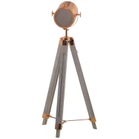 HOMCOM Vintage Tripod Floor Lamp, Height Adjustable Nautical Spotlight with Wood Legs, E12 Lamp Base for Living Room, Bedroom, Grey and Rose Gold(m-11)