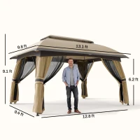 Outsunny 10' x 13' Patio Gazebo, Outdoor Gazebo Canopy Shelter with Netting, Vented Roof for Garden, Beige(m-3)