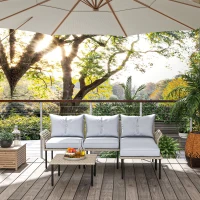 Outsunny 5-Piece Rattan Patio Furniture Set with Sofa, Chaise Lounge, Coffee Table, Footstools, Cushions, Light Gray(m-9)