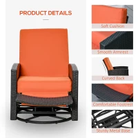 Outsunny Outdoor Wicker Swivel Recliner Chair, Reclining Backrest, Lifting Footrest, 360° Rotating Basic, Water Resistant Cushions for Patio, Orange(m-5)