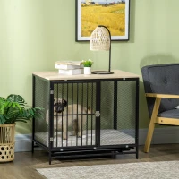 PawHut Dog Crate Furniture with Water-Resistant Cushion Medium Dog Kennel, Oak, 31.5" x 22" x 28"(m-2)