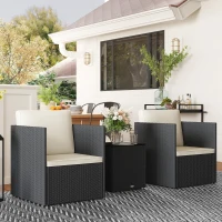 Outsunny Folding Wicker Bistro Set, 3 Piece Patio Furniture Set with Cushions and Glass Coffee Table for Porch, Balcony, Black(m-8)