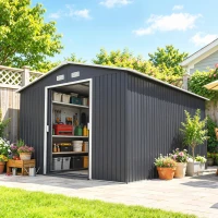 Outsunny 11' x 9' Outdoor Storage Shed, Garden Tool Metal Shed with Foundation Kit, Double Lockable Door, Dark Gray(m-8)