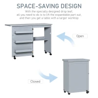 HOMCOM Folding Sewing Table, Rolling Utility Work Station Side Desk with 3-Tier Storage Bins, Shelf, and Lockable Casters, Grey(m-6)