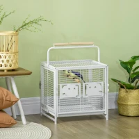 PawHut 18" Heavy Duty Wrought Iron Travel Bird Cage Carrier With Handle Perch And Accessories - White(m-10)