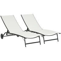 Outsunny 2PCs Lounge Chairs with Wheels, 5-Level Adjustable Backrest for Garden, Backyard, Patio, Deck, Poolside, White(m-9)