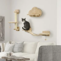 PawHut 3 PCs Cat Wall Climber with Scratching Post, Ladder, Perches, Cloud-Shaped Cat Shelves, Beige(m-8)