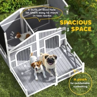 PawHut Dog House Outdoor, Wooden Dog Kennel Weatherproof with Porch, Openable Roof, Removable Bottom, Elevated Floor, Double Room for 2 Small to Medium Breeds, Gray(m-12)