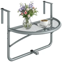Outsunny Adjustable Balcony Hanging Railing Table, Metal Mounting Mini Wall Desk Storage Rack, Outdoor Flower Stand Serving Table Half Round, Grey(m-2)