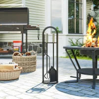 Outsunny Fireplace Tools Set, 5 Pieces Fireside Accessories with Brush, Shovel, Poker, A Pair of Tongs, Stand, Silver(m-1)