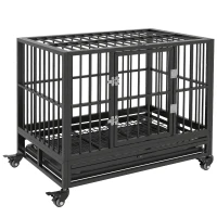 PawHut 36" Heavy Duty Dog Crate Metal Cage Kennel with Lockable Wheels, Double Door and Removable Tray, Gray(m-1)