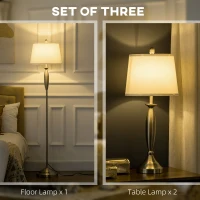 HOMCOM Boho Desk Lamp & Floor Lamps Set of 3, 3 Piece Lamp Set for Living Room, Bedroom, & More, Linen Lampshade, Steel Base, Silver(m-4)