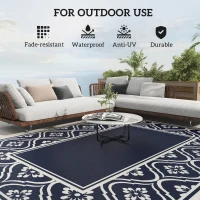 Outsunny Reversible Outdoor Rug, Waterproof Plastic Straw with Carry Bag, 8' x 10', Blue & White Gourd Border(m-6)
