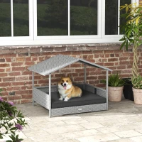 PawHut Wicker Dog House Outdoor with Canopy, Rattan Dog Bed with Water-resistant Cushion, Raised Pet Bed for Small, Medium Breeds up to 66 lbs, 20" in Length, Silver Wicker, Gray Cushion(m-2)
