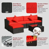 Outsunny 6 Piece Patio Furniture Set Outdoor Wicker Conversation Set All Weather PE Rattan Sectional Sofa Set with Ottoman, Cushions and Tempered Glass Table, Coffee and Red(m-6)