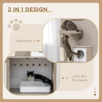 PawHut Cat Litter Box Enclosure Furniture with Cat Tree, Hidden Litter Box with Scratching Post, Bed, Modern Cat House Indoor, Gray(m-4)