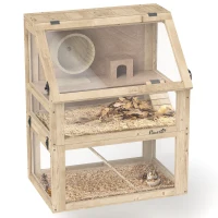 PawHut 3 Tier Wooden Hamster Cage w/ Detachable Bottom, Hut, Seesaw, Exercise Wheel, Ramps, 24" x 16" x 29.5"(m-11)