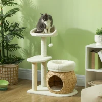 PawHut 31" Cat Tree Tower with Scratching Posts, Cat Condo, Beds, Platform and Toy Ball for Indoor Cats, Cream White(m-2)