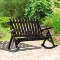 Outsunny Wooden Porch Rocking Chair, Wood Double Adirondack, Rocker for Indoor or Outdoor with High Rise Slatted Back, Carbonized(m-2)