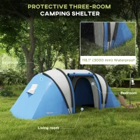 Outsunny Camping Tent with 2 Bedrooms and Living Area, 3000mm Waterproof Family Tent, for Fishing Hiking Festival, Blue(m-4)
