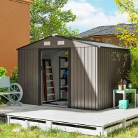 Outsunny Outdoor Shed Garden Storage Shed Tool Storage Building with 4 Vents and 2 Sliding Doors, 9 x 6 FT, Brown(m-8)