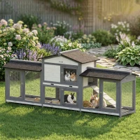PawHut 90.5" Wooden Rabbit Hutch Bunny Cage Pet Playpen House Enclosure with Double Side Run Boxes, No Leak Tray, Light Gray(m-3)
