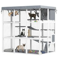 PawHut Large Outdoor Catio Cat Enclosure with Hammock, Condo, Jump Platforms, Ladders, Ramps, Tarp, for 2-4 Large Cats, Gray(m-18)