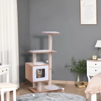 PawHut 47” Modern Cat Tree Multi-Level Scratching Post With Cube Cave Enclosure - Oak Wood and White(m-10)