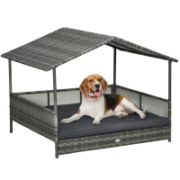 PawHut Outdoor Dog Bed with Canopy, Rattan Dog Bed with Soft Cushion Removable Cover for Medium and Large Dogs, Dark Gray(m-11)