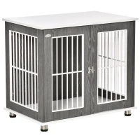 PawHut 34'' 2-in-1 Wooden Dog Kennel, Modern Wire Animal Crate, Pet Cage with Lockable Door and Adjustable Foot Pads, for Small and Medium Dogs, Grey and White(m-1)