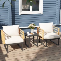 Outsunny 3 Piece Metal Bistro Set, Small Patio Furniture Set with Cushions, Armchairs, Slatted Table for Backyard Balcony, Beige(m-9)