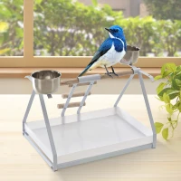 PawHut Portable Bird Play Perch Stand with Wooden Perch, Stainless Steel Feeding Bowls, & an Easy-Clean Tray, White(m-2)
